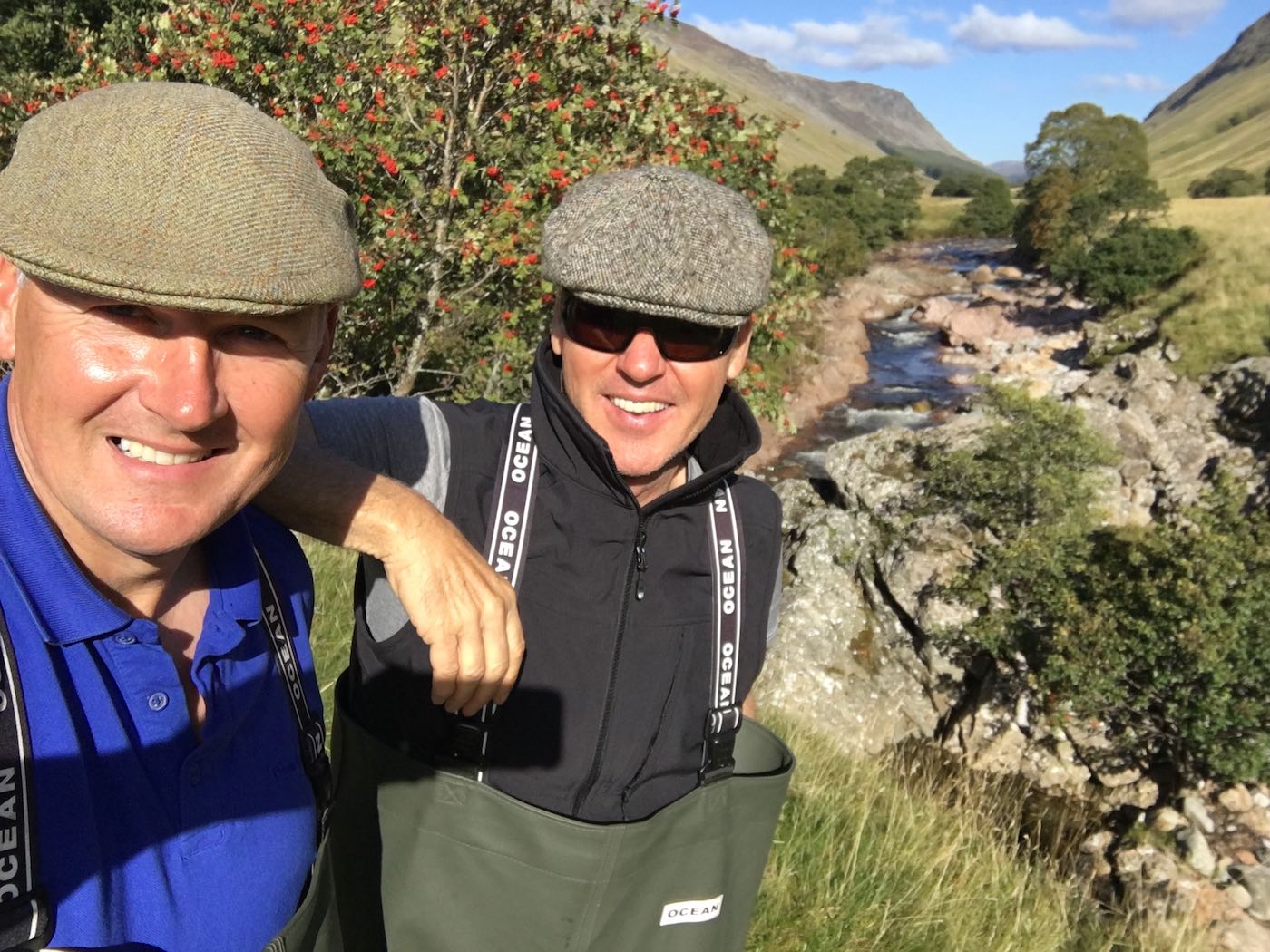 Here's Micheal Keaton and myself as his salmon fishing guide up in Glen Tilt near Blair Atholl. Michael was the original Batman actor and is a very keen and skilled fly fisher. I took him up to the Atholl Estates who own the River Tilt and showed him many heavyweight Tay salmon that were holding up in the pools of this magic little River Tay tributary.