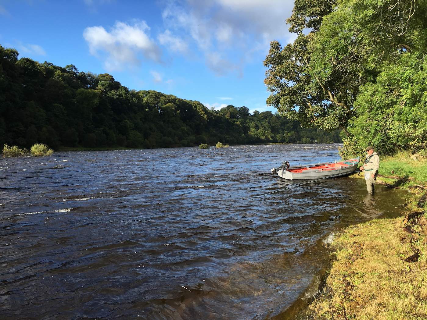 Look at the River Tay salmon fishing guest in this fine high water photograph of the lower section of the river catchment. You can see the River Tay salmon boat which I used to bring the fisher over from the opposite riverbank. I took this shot during August while working as a River Tay salmon fishing guide for this client.