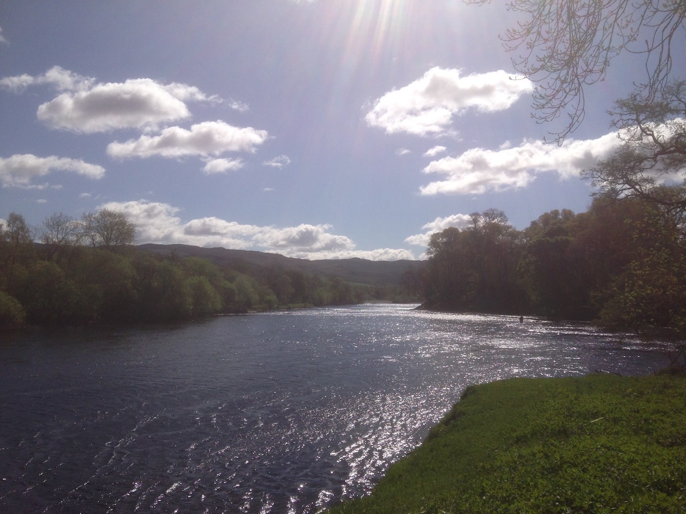 It's easily possible to go into a dream like state of mind when your immersed in the natural beauty of the River Tay's magnificent scenery like this. This shot was taken from the Green Bank Pool at Kinnaird looking downstream towards the Rock Pool and the mouth of the River Tummel beyond which is an amazing area of the Tay Valley near Dunkeld. Many salmon fishing guides host our clients in this perfect salmon fishing area.