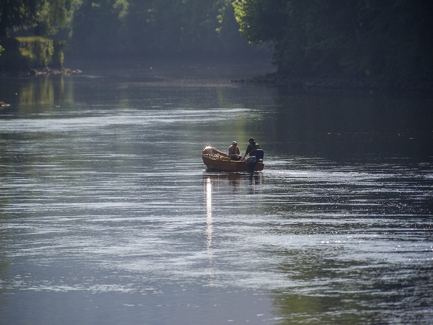Here's a River Tay salmon boat heading out with a fishing guest and his personal salmon guide to cover some of the Tay's long distant salmon lies that would be difficult to reach from the riverbank. The boat on a big river like the Tay always provides a salmon fishing advantage.