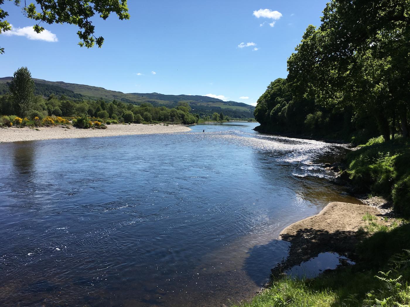 In low water like you see here in this picture of the River Tay you need stealth and a careful salmon fly presentation to outsmart resident salmon. This lovely salmon pool is located on the Tay at Kinnaird and fishes very well for salmon fishing holiday guests in low water conditions with the above mentioned stealthy approach.