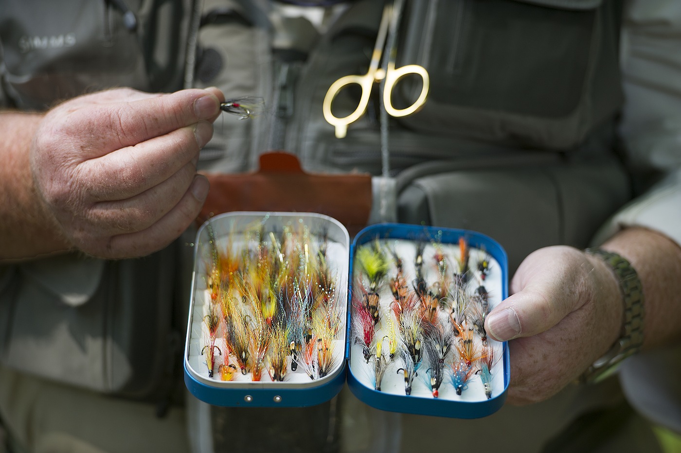 Here's a close up look at a typical Scottish salmon fishers fly box. As you can see there's many different varying colours and sizes of salmon flies which offers the salmon angler a wide choice of patterns to match the prevailing water conditions.