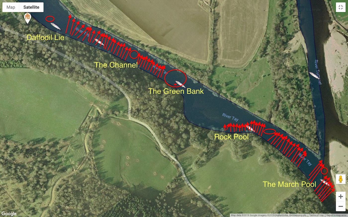 These are the taking areas where you can expect to catch salmon on the Tay's Upper Kinnaird salmon beat. Follow this River Tay treasure map for the maximum chance of success. I learned these salmon lies during a 10 year working period on the Upper Kinnaird salmon beat while serving as a River Tay salmon fishing guide.