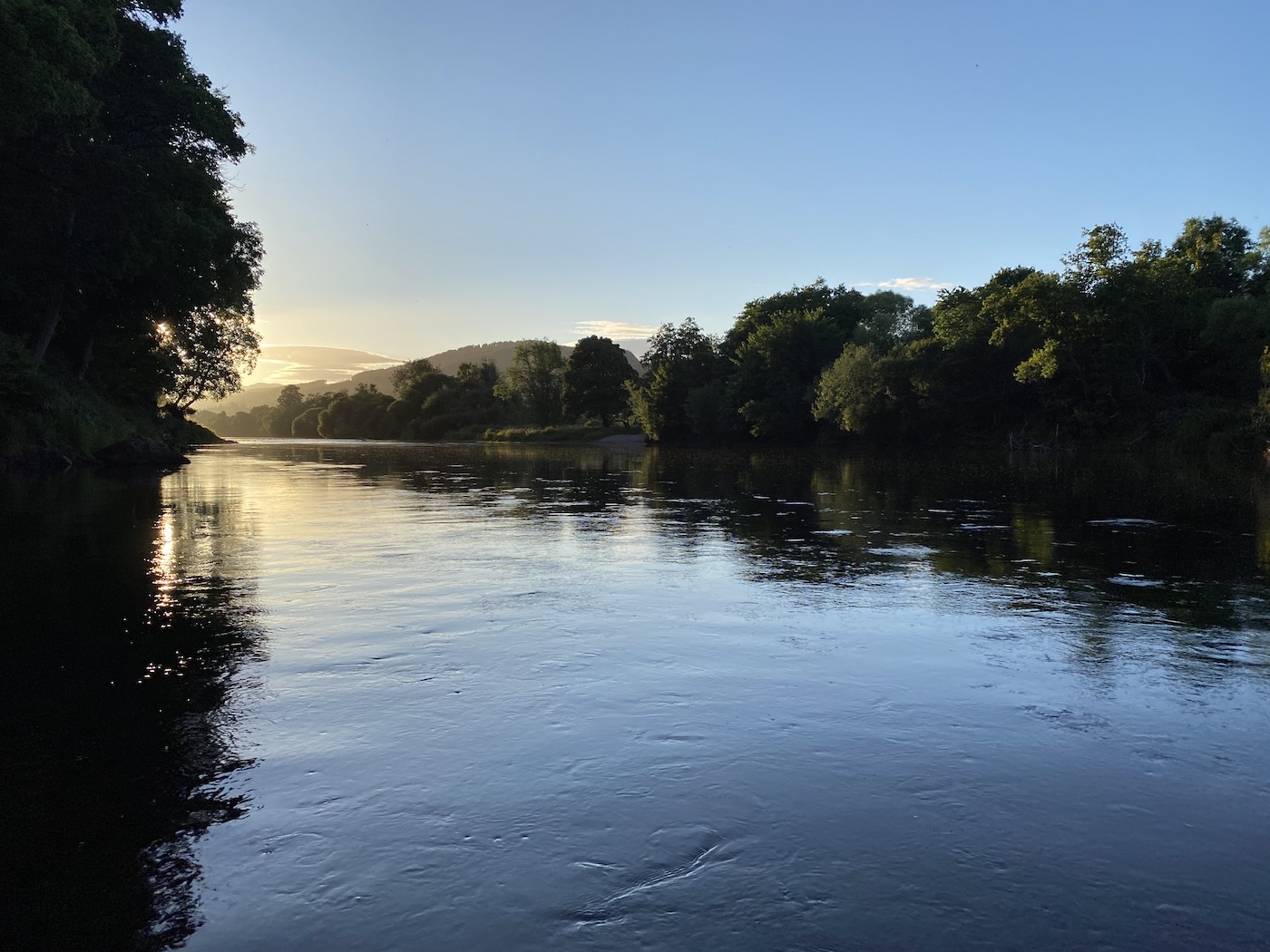 Here's a lovely upstream shot of the famous Rock Pool of the River Tay's Upper Kinnaird Beat during the last hour of daylight and often salmon push on up river as the light starts to fade and especially during low water conditions like you see in this dusk photograph.