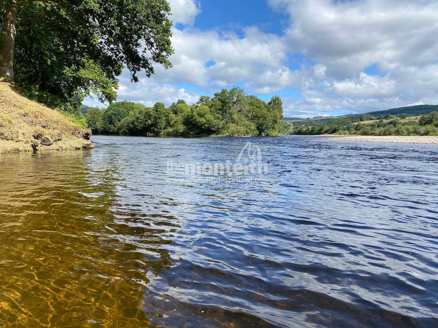 Look at this for beautiful salmon water on the River Tay near Dunkeld. This shot is of the River Tay & River Tummel confluence which is a great salmon fisher destination. Note the perfectly cut grass riverbank to the left of frame.