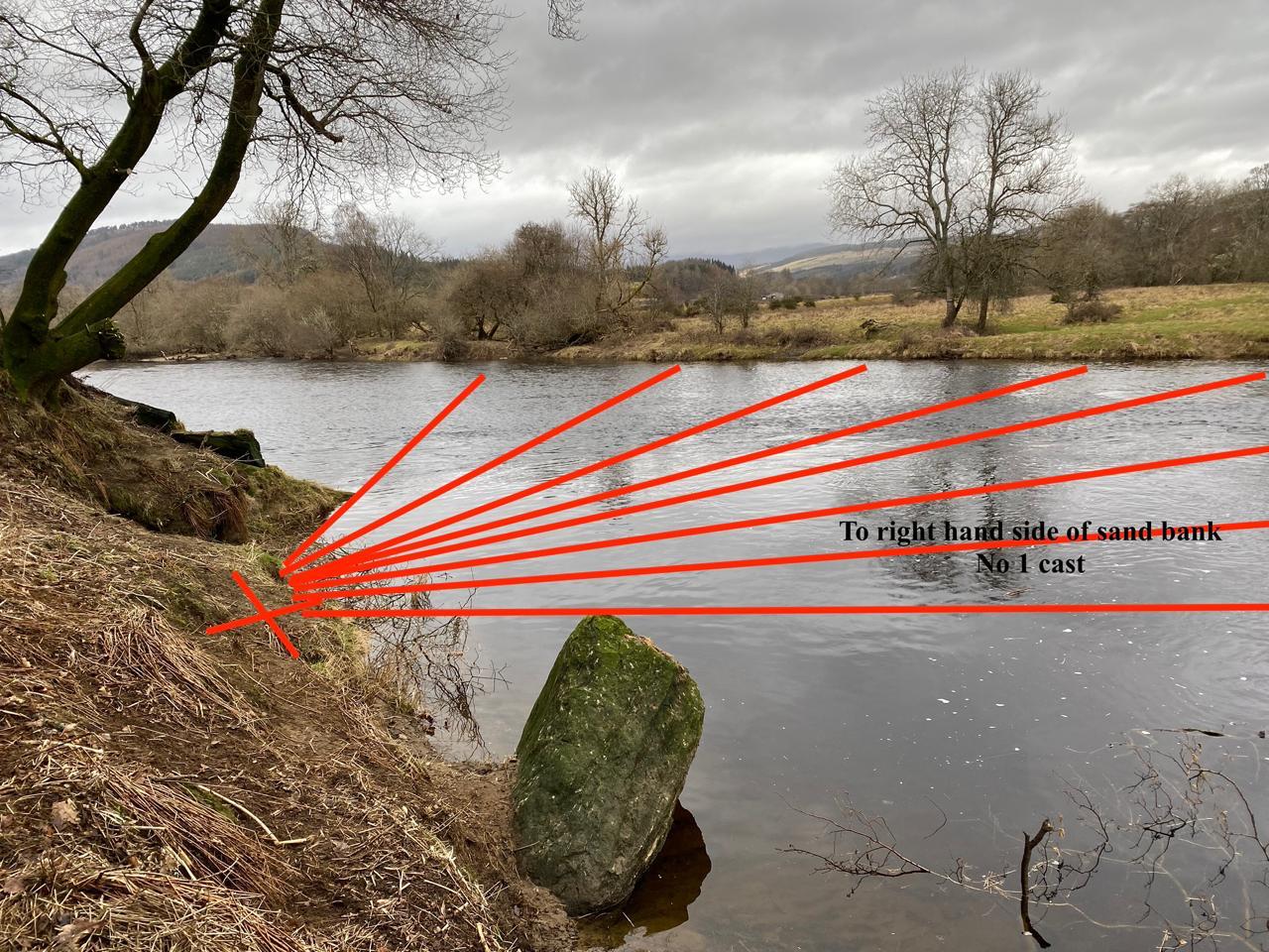This is the exact casting position between the upstream rocky point and downstream standing stone on the River Tay's Upper Kinnaird Beat. This casting position has produced numerous salmon over the last 20 years for me and is highly recommended for salmon fishers to try. This is the static casting position on the right hand side of the river in the middle of the Rock Pool.