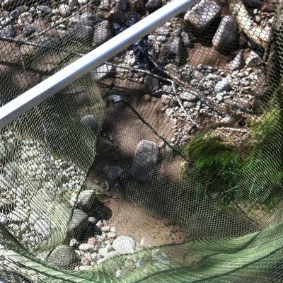 Look at this soft fine mesh landing net bag material which protects and supports all net landed fish against scale or mucous membrane damage. This landing net was an original Sharpes Of Aberdeen gye net which is easily carried over your shoulder on a leather sling while salmon fishing then easily activated when a salmon needs landing for one of our salmon fly fishing guests.