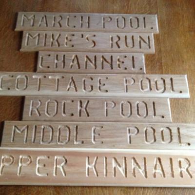 Here's some hand carved oak signs that were made for the Kinnaird Beat salmon fishers for easy salmon fishing pool identification. This type of professional salmon beat management doesn't go unnoticed by visiting salmon fishers and is just one small detail for getting you salmon beat in perfect presentation order.