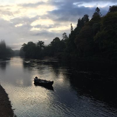 Here's the Dunkeld traditional larch built salmon fishing boat moored up for the night as dusk approaches. The dusk is a magical time of the day to observe a salmon river as the fading light and general calming of the river magnifies your sensory perception.