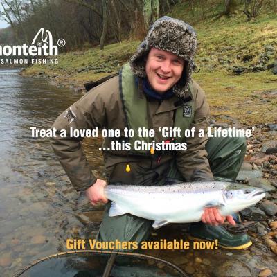Here's a very happy River Tay salmon fisher with a perfect Spring salmon which was caught in March on the River Tay near Dunkeld. Treat a loved one to a close encounter with one other these aquatic beauties. This happy angler was given a salmon fishing gift voucher as his Christmas present.