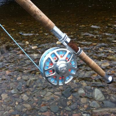 This beautiful salmon fly reel id the Van Staal C-Vex Combo 9/11 in silver which is my own personal salmon reel. The light blue fly line is the Monteith Speycaster Multi System which was a Spey line I designed that fishes with 1 of 8 tips that come with the mainline to cover various different salmon fly depth swim applications. The fly rod is a 16ft Bruce & Walker Norway blank hand built to my specification with a stabilised walnut Struble reel seat.
