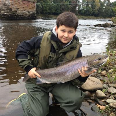 Here's young Johnny Monteith with a perfect Autumn hen salmon that he hooked under the bridge on the Cargill Beat of the River Tay which is a very good salmon fishing hot spot. This salmon took an ABU Toby Salmo lure and I was his salmon fishing guide that highly memorable day.