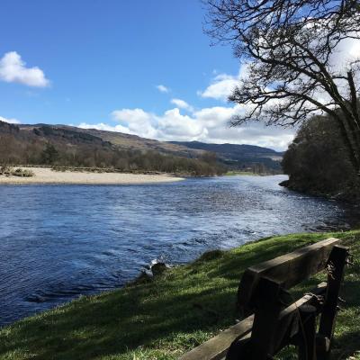 I sited this bench in this perfect elevated riverbank position after pulling it out of an upstream tree following a big January flood on the River Tay. This current position allows any occupier to have direct site of the upstream & downstream River Tay and also right up the River Tummel which is directly opposite the bench. This bench is a great resting location for Tay salmon fishing guides and guests and is sensibly positioned above the high water line.