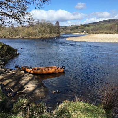 Here's a traditional River Tay salmon boat moored up at the March Pool sand bank immediately downstream of the Tay/Tummel confluence. This is a perfect low water sunlit early Spring fishing day which is always a pleasure to be out fishing for salmon in. A professional Tay salmon guide will always utilise the boat to commute salmon fishing holiday guests into the best fly fishing locations like this one.