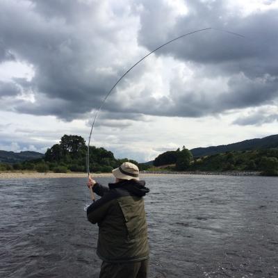 The action of your Spey rod is best optimised via proper line loading and if done correctly is virtually effortless like what you see here in this photograph. This salmon fishing trip guest is out on the River Tay practicing his Spey cast power stroke forward delivery near the Perthshire town of Pitlochry.