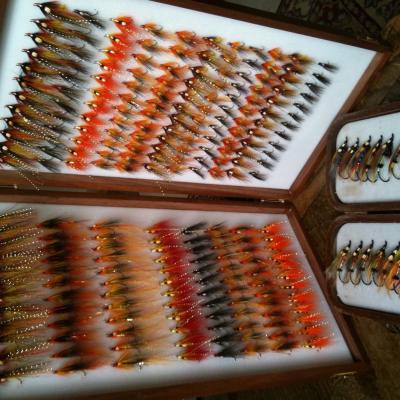 Here's a perfectly stocked salmon fly fishing box which was manufactured by Wheatley in England. These fly patterns include Red Flamethrowers, Orange Flamethrowers, Copperass to name a few. It's always good to have a quality selection of flies like this to draw on throughout the seasonal salmon fishing in Scotland.