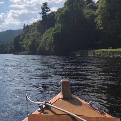 Here's a traditional River Tay 'coble' boat working off a long rope which allows a boat fisher to cover the salmon lies as the boatman slowing releases a yard of rope between each cast. This is a traditional boat fishing tactic on the larger Scottish salmon rivers and is a highly effective method for catching salmon. In the background you can see the lawn of the Dunkeld Cathedral grounds in Dunkeld.