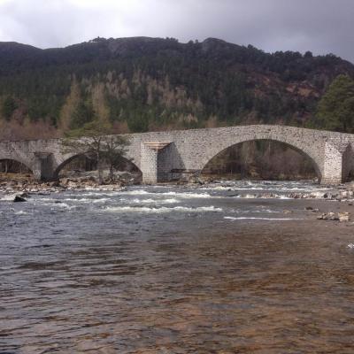 The headwaters of the River Dee in Aberdeenshire have some of the most amazing natural beauty where they merge with the Cairngorm Mountain range. The towns of Braemar & Ballater are located in the great fishing area of the River Dee Valley. This is the traditional stone bridge on the lovely Crathie salmon fishing beat.