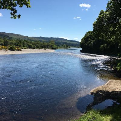 In low water like you see here in this picture of the River Tay you need stealth and a careful salmon fly presentation to outsmart resident salmon. This lovely salmon pool is located on the Tay at Kinnaird and fishes very well for salmon fishing holiday guests in low water conditions with the above mentioned stealthy approach.