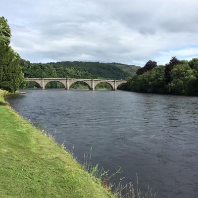 This is the Cathedral Pool on the River Tay in Dunkeld which is a great salmon fishing proposition for visiting salmon fishing holiday visitors. When salmon run up through the fast water underneath the downstream sandstone Telford Bridge they stop right here in front of the camera for a rest where they can be fairly easily caught.