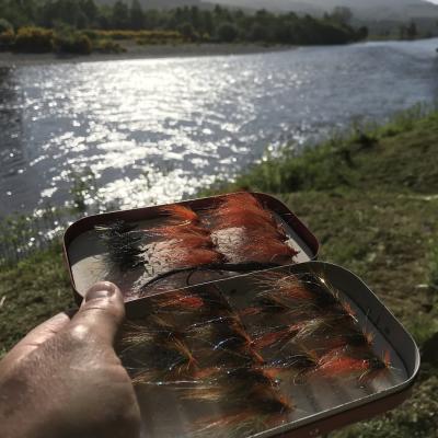 Here's a box of special salmon fly patterns that have landed me many salmon over my professional career. Carrying proven patterns increase you faith levels when you fish with them as faith is the most important component of a salmon fly. It's always good getting a glimpse of a salmon fishing guide's personal fly box and especially mine!