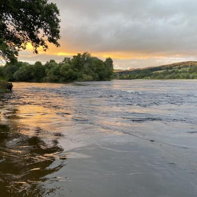 Here's a lovely dusk shot pointing right across the Tay and up into the River Tummel which is a great area of the Tay Valley for catching salmon. This area fishes well from March through to October each year and is located between the towns of Pitlochry & Dunkeld which have an abundance of quality accommodation options. Look at the high water and stormy sky in this picture.
