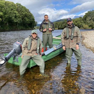 Here's a team of visiting Arabian guests who came up from London for a day of river therapy on Scotland's famous River Tay. This lovely group shot of them sitting in my traditional salmon fishing boat was taken at the mouth of the River Tummel which is a great fishing area close to the Perthshire town of Pitlochry.