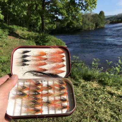 Here's a look at my own personal salmon fly box which includes my main 2 salmon fly patterns which are the Jock's Shrimp & Copperass salmon fly patterns. These 2 patterns have been responsible for over 80% of the salmon I've caught in the last 2 decades. This shot was taken at the River Tay/Tummel confluence near the Perthshire town of Pitlochry.