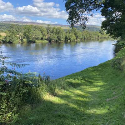 Look at this fine picture of the River Tay taken from the Upper Kinnaird salmon fishing hut which sits in a perfect elevated position overlooking the river. The little riffle you see in the picture is known as Daffodil Lie which often produces a quick salmon fishing guests.