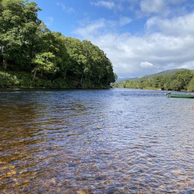 Here you can see a perfect upstream shot from the Kinnaird Meetings Pool to the mouth of the River Tummel which flows in on the right hand side of frame directly behind the boat. This area of the Tay is fantastic for fly fishing and especially during March, April & May when the Spring salmon are running the River Tay & Tummel as they always hold up in this area and are easy to cover with a fly rod.