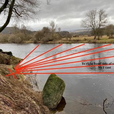 This is the exact casting position between the upstream rocky point and downstream standing stone on the River Tay's Upper Kinnaird Beat. This casting position has produced numerous salmon over the last 20 years for me and is highly recommended for salmon fishers to try. This is the static casting position on the right hand side of the river in the middle of the Rock Pool.