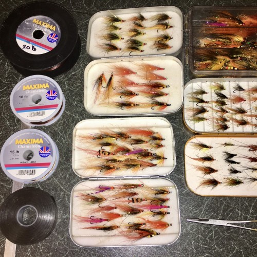 Here's a glimpse of the salmon fly patterns I have absolute faith in. Although I'll always experiment with different fly patterns my main 2 are the 'Copperass' & the 'Jock's Shrimp' patterns which account for 85% of the salmon I'm involved in the capture of each year. The Maxima spools you see is my favourite salmon fly leader material.