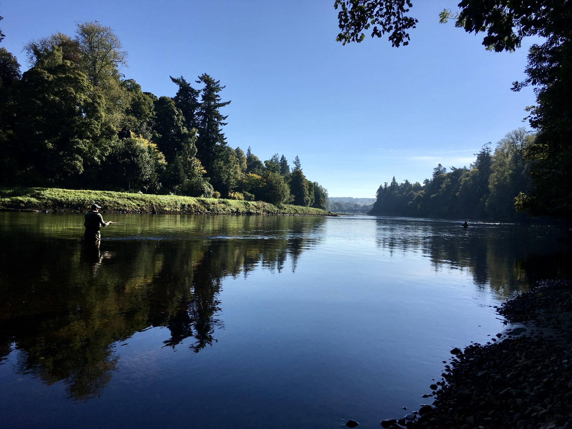 Here's a downstream shot of 2 salmon fishers at the House Pool of the River Tay's Meikleour salmon beat near Stanley which is a great salmon holding pool on this famous Scottish river. I took this shot during July and you can see the lovely wooded riverbanks and perfect blue Summer sky.