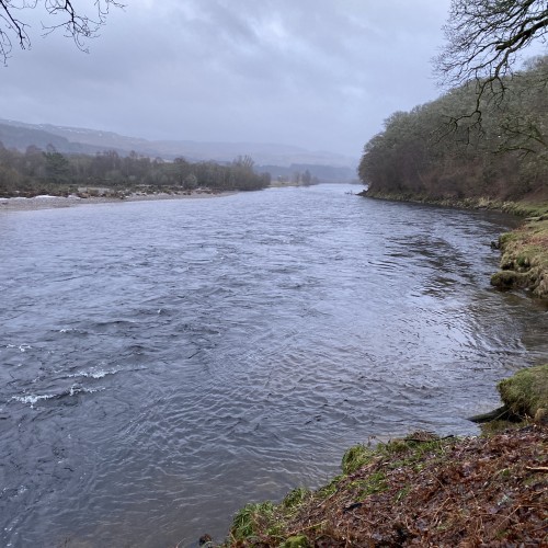I took this River Tay salmon pool shot In low water conditions and many salmon hold in this perfect salmon stream which is directly opposite the mouth of the River Tummel. This pool fishes primarily from the opposite left hand bank but myself and many other salmon anglers prefer fishing this pool from this right hand bank. This shot was taken during early Spring looking down river from this right hand bank of the Tay.