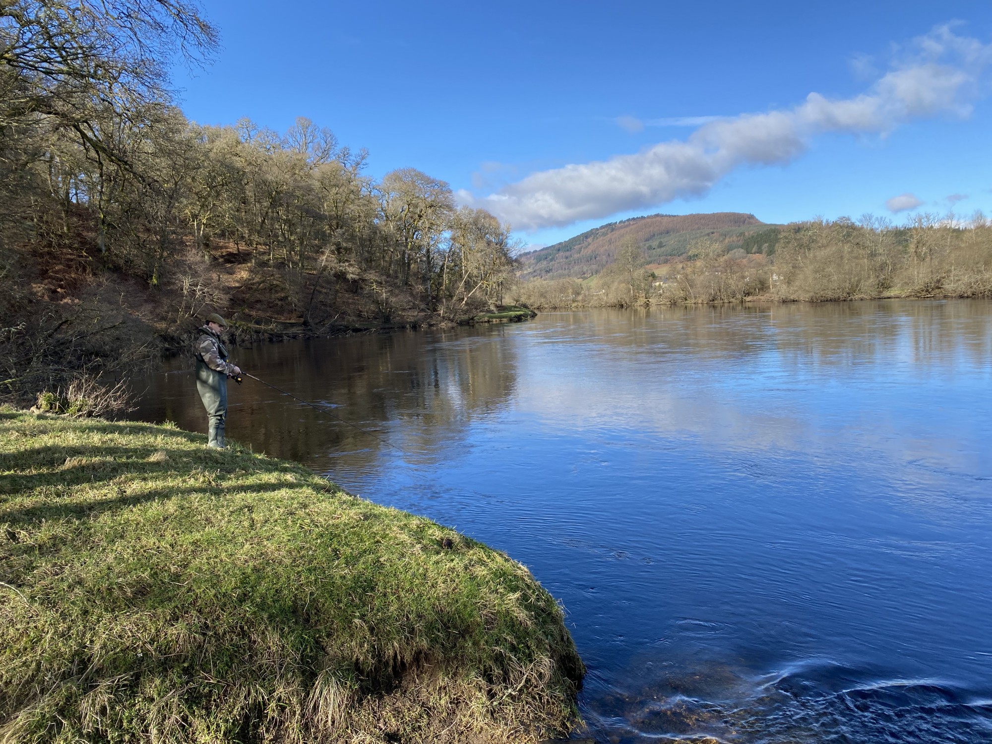 Here's my son Johnny spinning the neck of the Rock Pool on Kinnaird with his 10ft spinning rod. The use of a spinning rod is allowed on some of the Scottish rivers such as the River Tay in Perthshire. This lovely upstream shot was taken on the Tay near Logierait which is a salmon fishing hot spot that's close to the River Tay & River Tummel confluence.