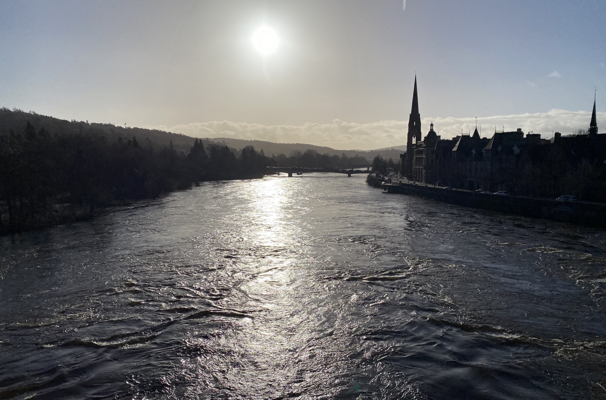 Perth is the biggest town in the River Tay Valley and as you can see here the Tay flows right next to Perth where it joins the tidal water in the Tay estuary. I took this lovely downstream shot from the old Perth Bridge during May during these perfect light conditions as you can see.