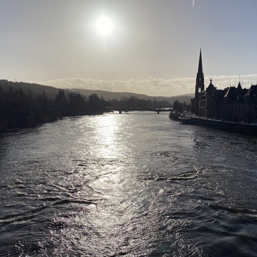 Perth is the biggest town in the River Tay Valley and as you can see here the Tay flows right next to Perth where it joins the tidal water in the Tay estuary. I took this lovely downstream shot from the old Perth Bridge during May during these perfect light conditions as you can see.