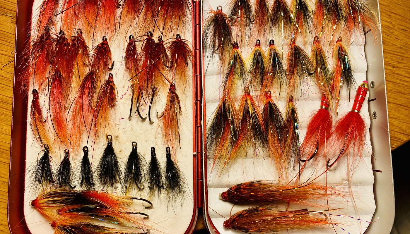 Once you've got enough faith in a specific salmon fly pattern then look for the fly that outperforms it's replica associates. Here's a selection of my 'Jock Shrimp' & 'Copperass' patterns with a few other aces that I sometimes fish with too. I love these old aluminium Richard Wheatley fly boxes too and have many of them which I've collected over the decades.