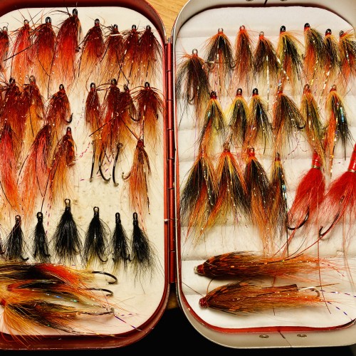 Once you've got enough faith in a specific salmon fly pattern then look for the fly that outperforms it's replica associates. Here's a selection of my 'Jock Shrimp' & 'Copperass' patterns with a few other aces that I sometimes fish with too. I love these old aluminium Richard Wheatley fly boxes too and have many of them which I've collected over the decades.