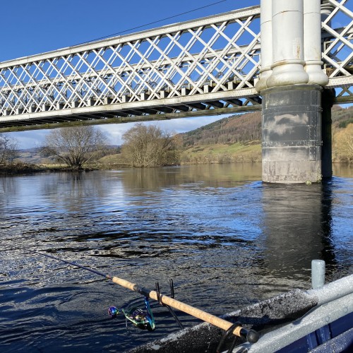 Here's a River Tay coble clinker built salmon boat being used for harling on the Kinnaird Beat. There's a good salmon lie directly under the Logierait Bridge that you can see in this picture. Harling is a River Tay boat fishing method than fishes 3 or more lures at once. I took this shot in during high water in February.