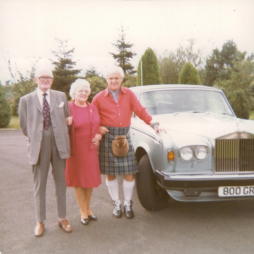 Kilted Scottish entrepreneur Donald A Monteith with his mother and father with Rolls Royce Silver Shadow (800 GRM) outside his home Dalvey House (now Bracken House) on the Old Mugdock Road in Strathblane, Stirlingshire, Scotland. Donald was one of Scotland's best known Glasgow based businessmen throughout the 1960's & 1970's era.