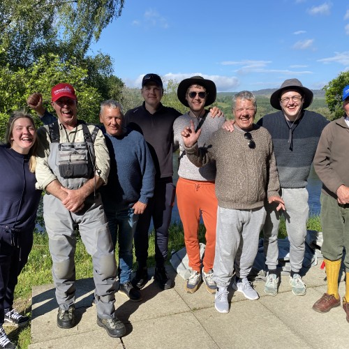 Here's a group of delighted salmon fishing guests with their salmon guides after a great day out on the River Tay near Dunkeld. The 2 lads with the red & blue skip caps are 2 of my salmon guides who were assigned to looking after this fishing party of 6 guests on the Kinnaird Beat.