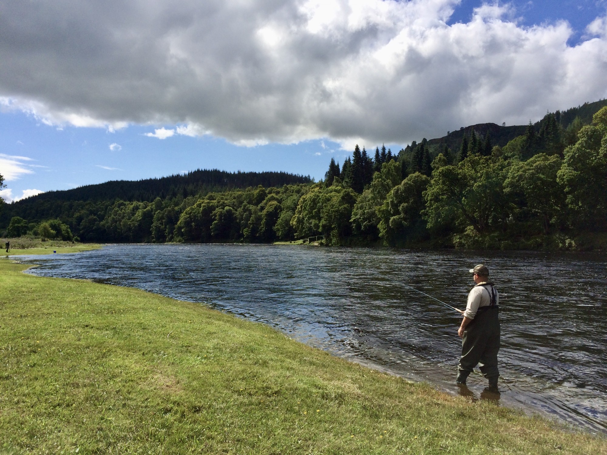 This was one of my fishing guests fishing the River Tay in June after being taught to Speycast with this 15ft double handed salmon fly rod. The Tay is Scotland's biggest salmon river which is popular for salmon fishing trips. Look at the lovely riverbank and wooded Perthshire hillside on the far bank. 
