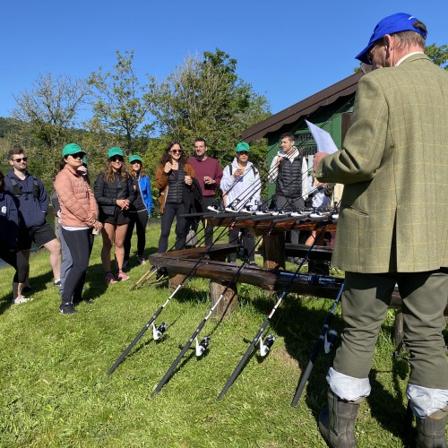 Here's one of our professional salmon guides about to give a riverbank talk to a party of new River Tay salmon fishing guests during the beautiful month of June on the Kinnaird Beat.