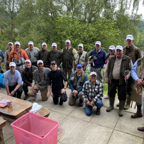 Here's a large team of salmon guides who were assisting me with a big corporate River Tay salmon fishing event during the beautiful month of June.  I took this shot at the Kinnaird fishing hut near Dunkeld before our fishing guests arrived.