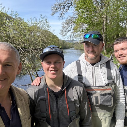 Here's myself with a few River Tay salmon fishing guests enjoying their salmon fishing break on the Pitnacree salmon beat. This upper middle Tay salmon beat has beautiful riverbank paths and woodlands like you see behind us which are easy to fish from so it makes a perfect salmon fishing holiday destination. 