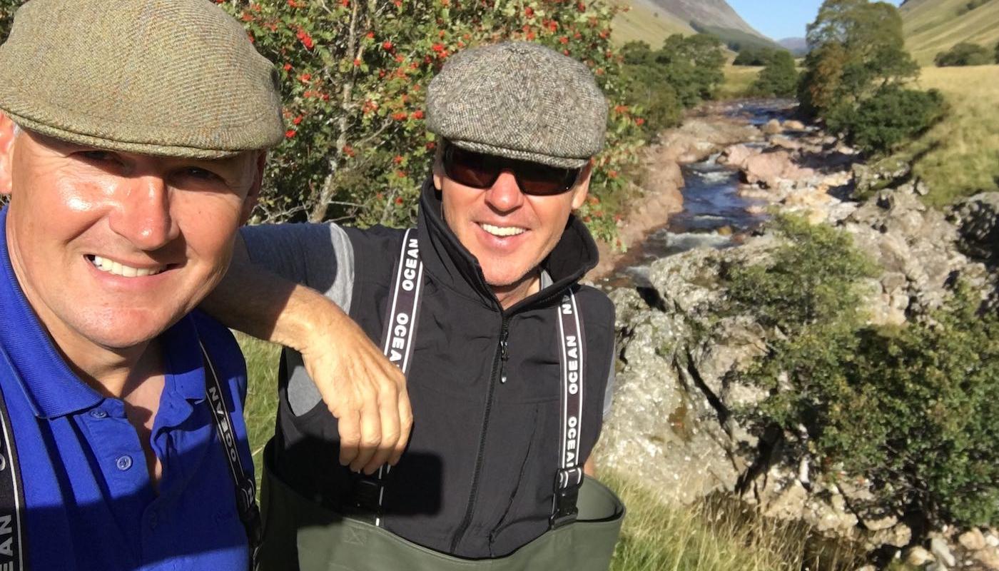 Here's Micheal Keaton and myself as his salmon fishing guide up in Glen Tilt near Blair Atholl. Michael was the original Batman actor and is a very keen and skilled fly fisher. I took him up to the Atholl Estates who own the River Tilt and showed him many heavyweight Tay salmon that were holding up in the pools of this magic little River Tay tributary.