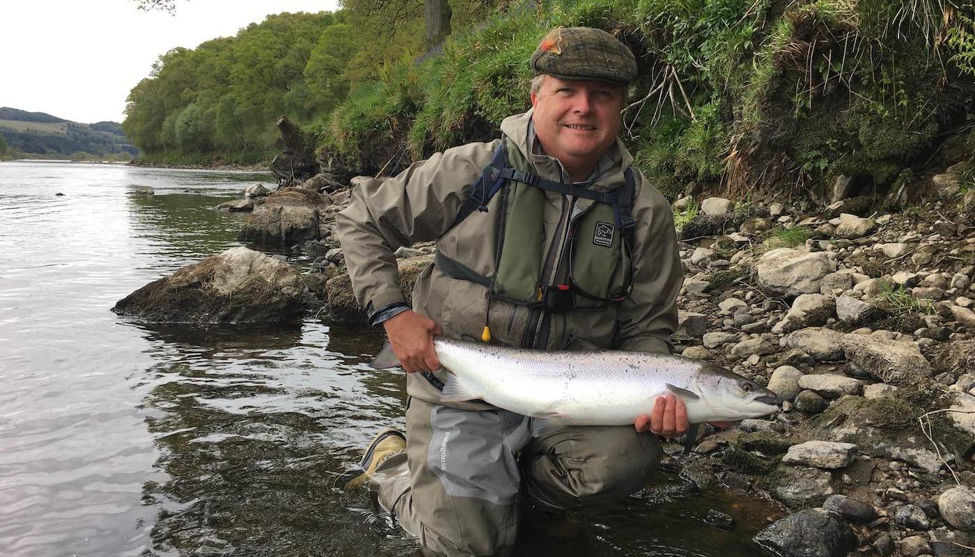 Here's Austrian doctor Fritz Seifert with a the perfect endorsement to his well presented fly. This Spring fish weighed 15lbs and was caught at the March Pool on the River Tay which is directly opposite the mouth of the River Tummel. I took this salmon capture shot as Fritz's salmon guide that day. Many international fishers like to come salmon fishing in Scotland each year.