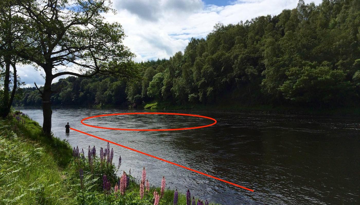 This is the Steps Pool on the Newtyle Beat of the River Tay and I've drawn the optimal wade line in red which allows anglers to fish through the pool safely and effectively without spooking any salmon that may be present. I took this downstream shot while working as this guest's salmon fishing guide for the day.