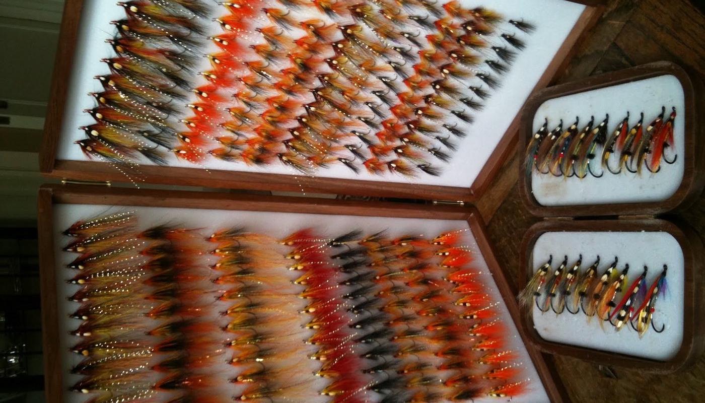 Here's a perfectly stocked salmon fly fishing box which was manufactured by Wheatley in England. These fly patterns include Red Flamethrowers, Orange Flamethrowers, Copperass to name a few. It's always good to have a quality selection of flies like this to draw on throughout the seasonal salmon fishing in Scotland.